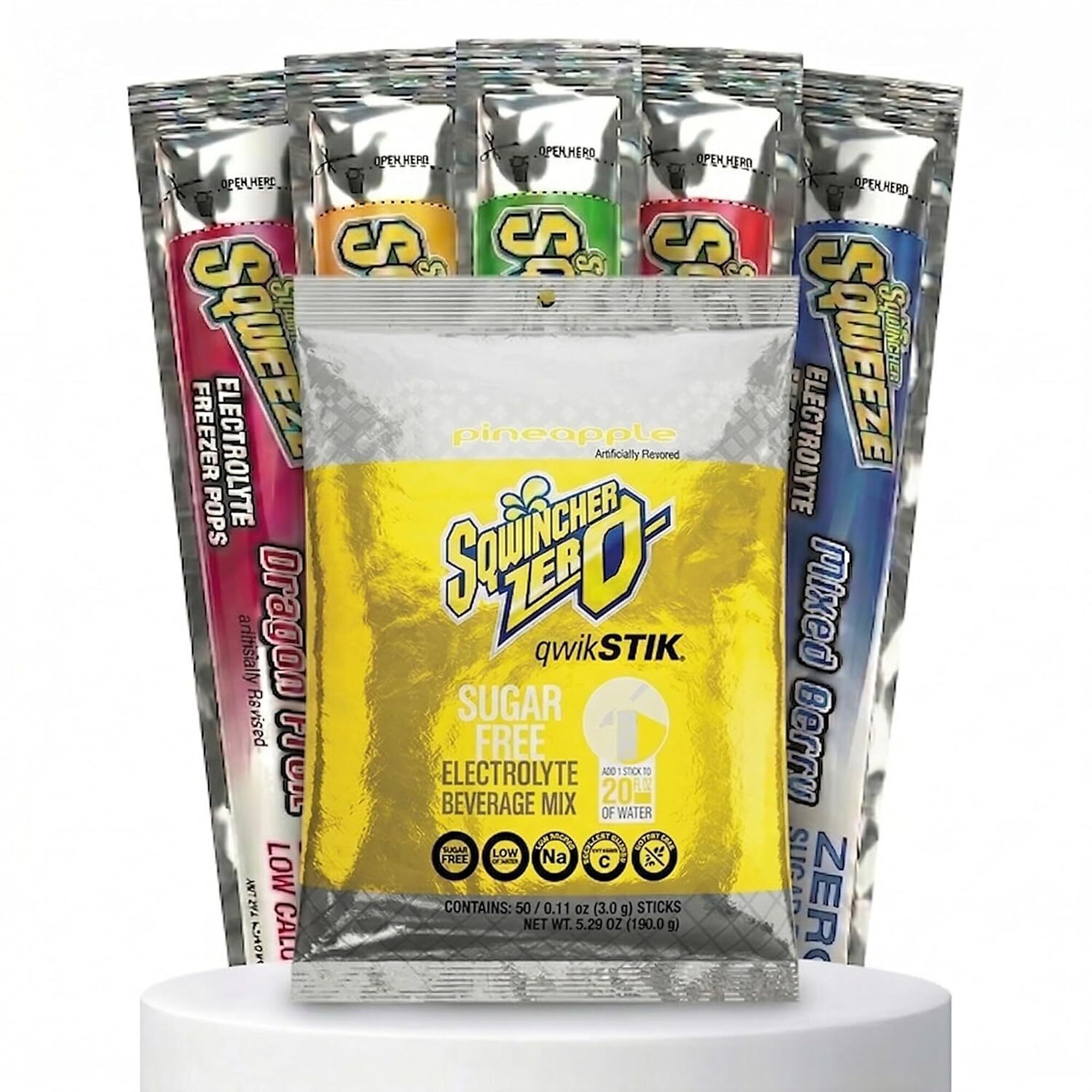 Sqwincher Bundle: Pineapple Zero Qwik Stik 50 Pack and Sqweeze Sugar Free Freezer Pops 50 Count